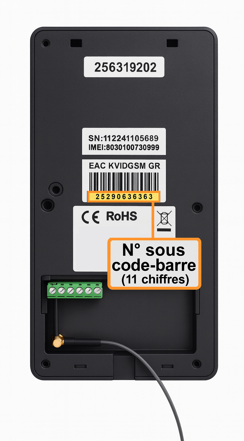 Emplacement n° de série visiophone 4G (exemple)